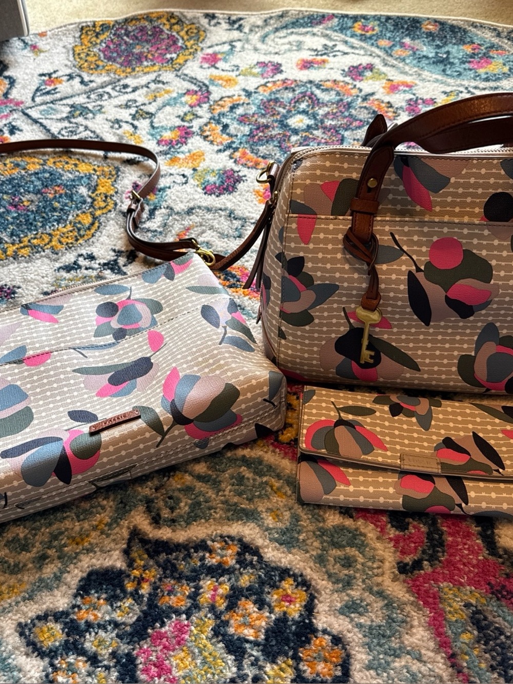 Fossil Floral Print Satchel, Crossbody and  Wallet Set - Pink & Gray